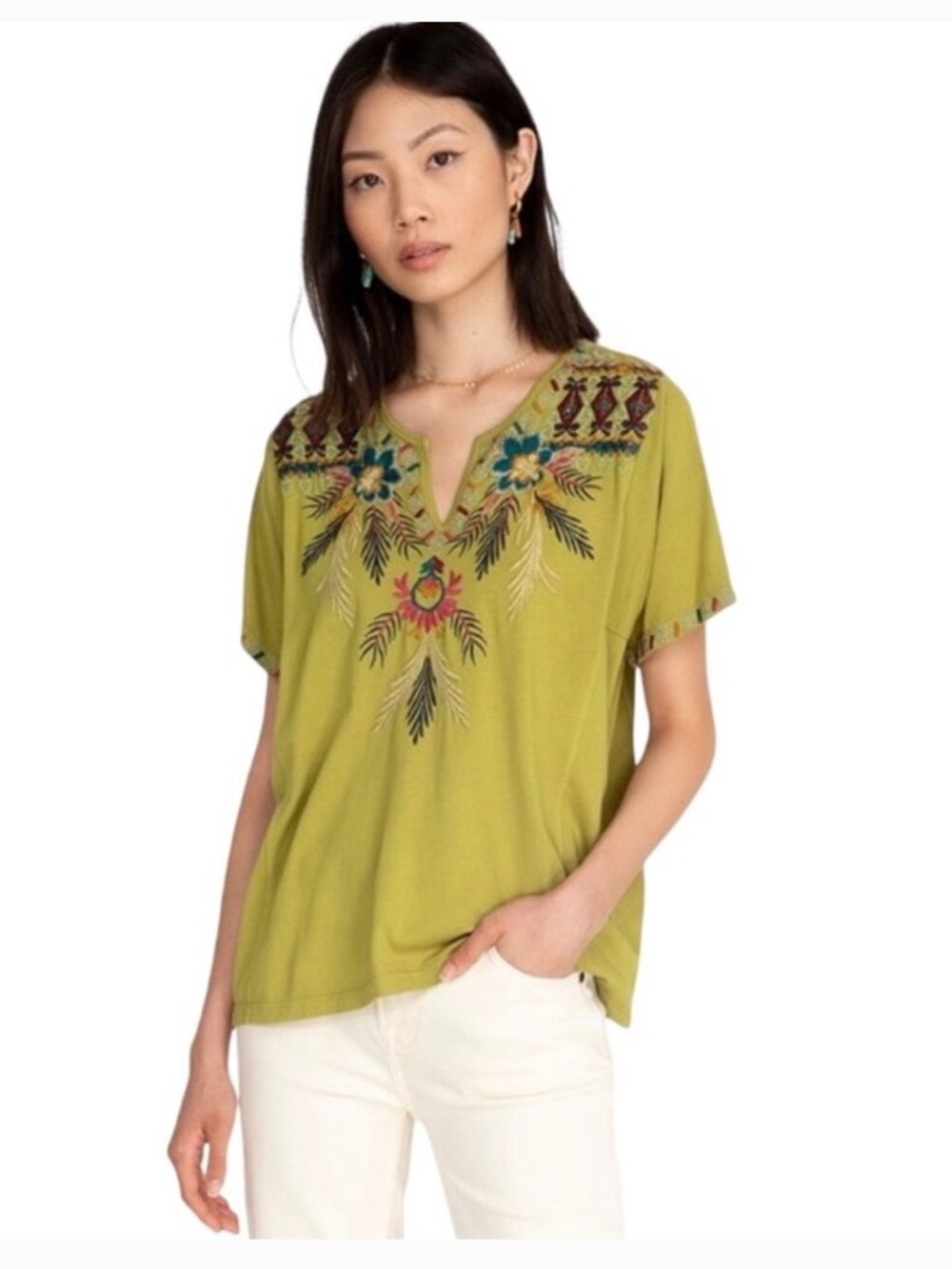 Johnny Was Carmella Green Embroidered V-Neck Tunic Size L
